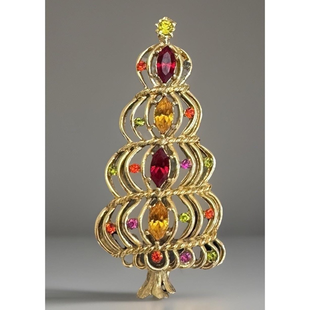 Vintage HEDY Signed Mod Spiral Christmas Tree Brooch w/Rhinestones EUC